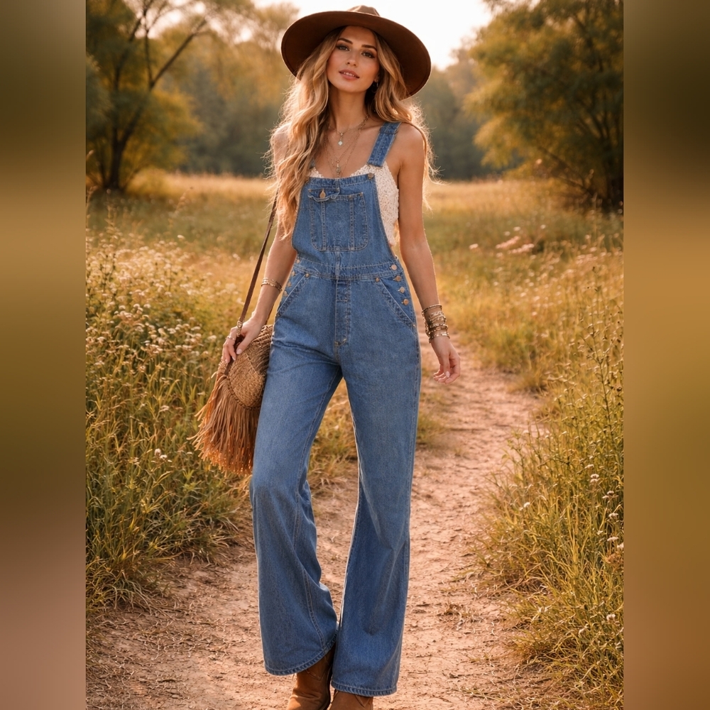 Vintage Ikeda Carpenter Flair Denim Bib Overalls Size Large Med Wash 90's Y2K